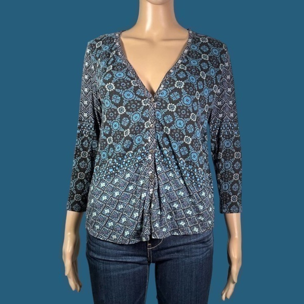 LUCKY BRAND Blue Floral Print V-Neck Button Front Top Size Small - "Linnie"